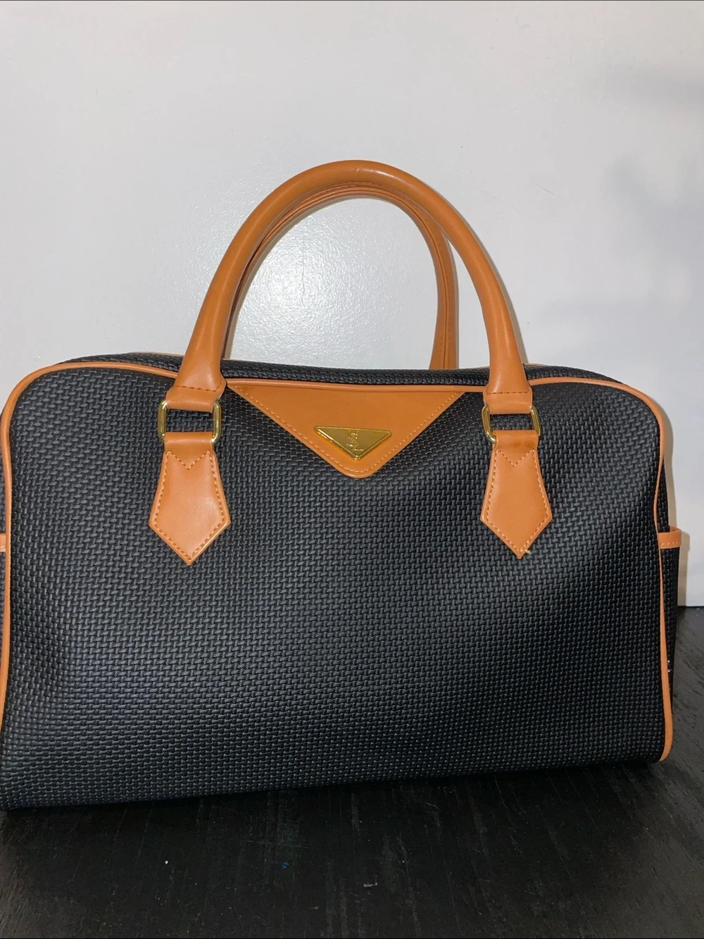 Yves Saint Laurent Black Woven Duffel with Tan Leather Trim